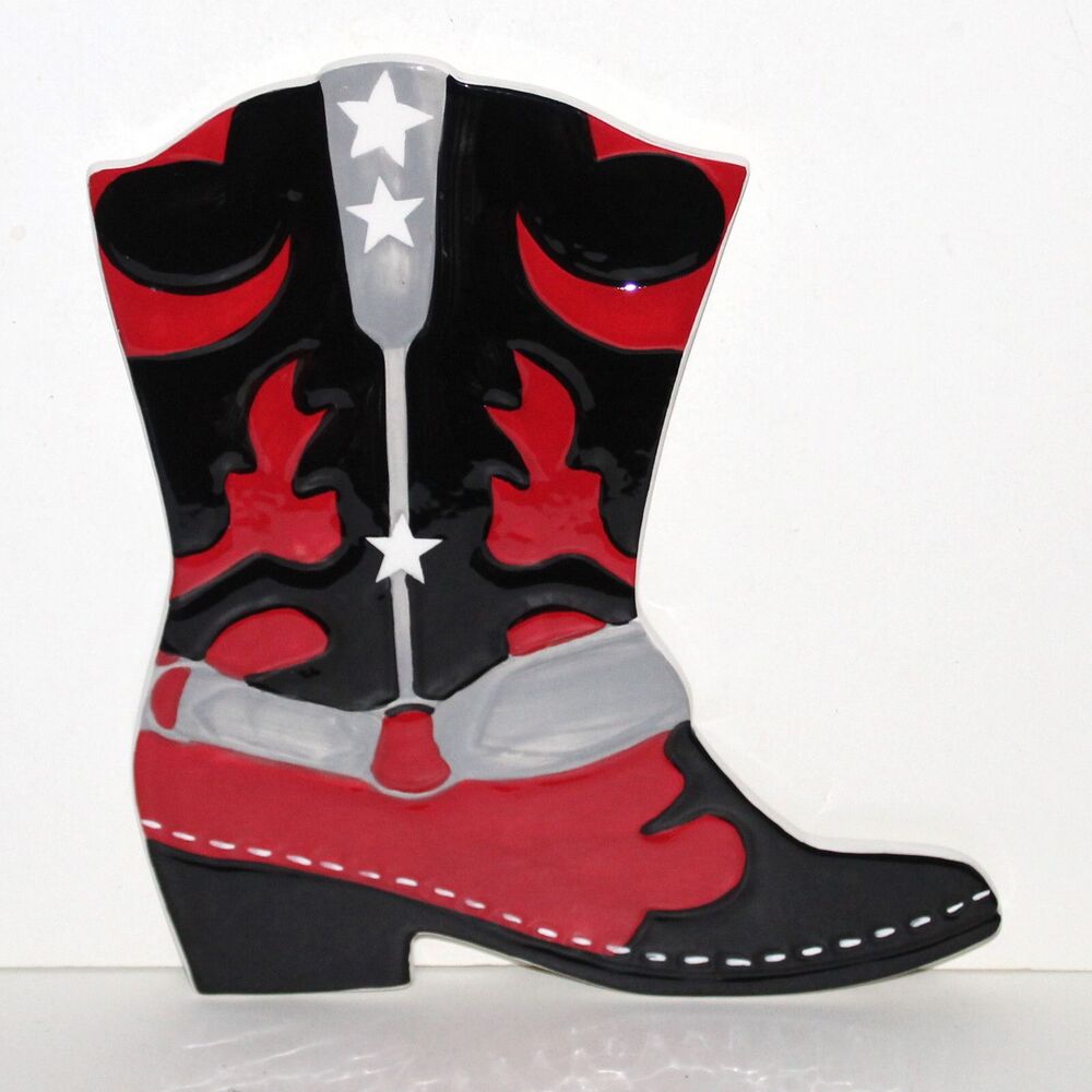 Cowboy Boot Ceramic Trivet Wall Decor Boston Warehouse black red tile Western